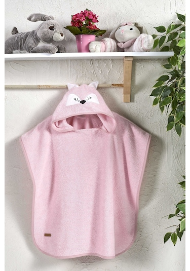 Ely Parker Kedi Figürlü Kapşonlu Çocuk Bornoz Panço Plaj Havlusu Pembe