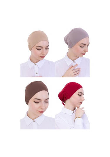 Kadın Tesettür Bone Bağcıklı Dikişsiz Penye 4 Parça Set Bordo, Kahverengi, Koyu Vizon, Açık Vizon