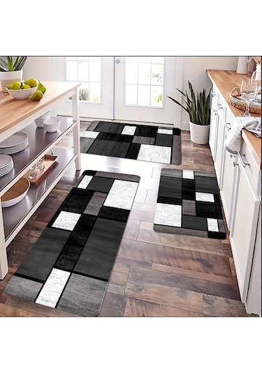 Lüks Siyah Ekose Mutfak Mat Yumuşak Kalınlaşmış Mutfak Zemin Mat Su Geçirmez Kaymaz Yağ Geçirmez Zemin Mat Koşucu Halı 50 x 80cm