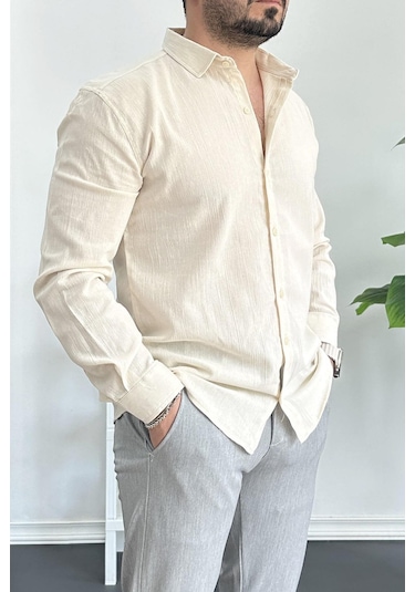 Erkek Krinkıl Kumaş Gömlek Krem Edw362 Krem