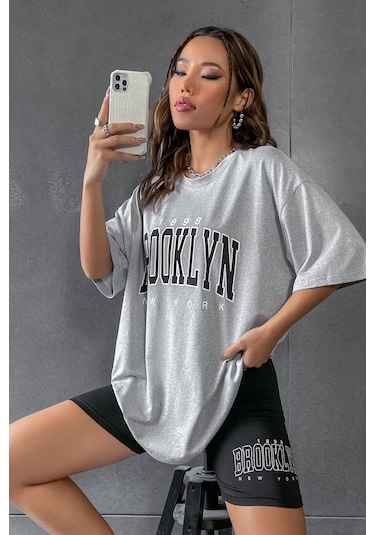 Modagen Kadın Gri Bisiklet Yaka Brooklyn Baskılı Oversize T-shirt-tayt Takım Gri-siyah