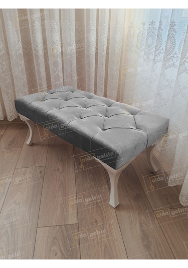 Kapitoneli Ayak Ucu Kapı Önü Antre Bench Puf Beyaz Ayak 120 45 Gri