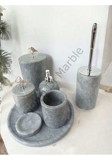 Gri Mermer Klasik Model 7 Parça Gümüş Renk Japon Gülü Aksesuarlı Banyo Seti Gri