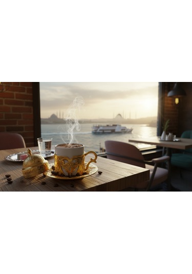 Defne 6 Kişilik 24 Parça Metal Porselenli Altın Renk Kahve Fincan Seti Altın