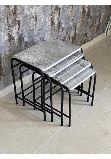 Aslanstore 4'Lü Metal Zigon Sehpa Gri Mermer