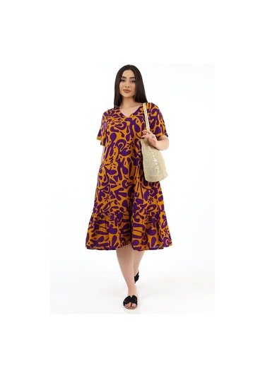 Schık Kadın Viskon Yarım Kol V Yaka Cepli Fırfırlı Elbise Mor Mor