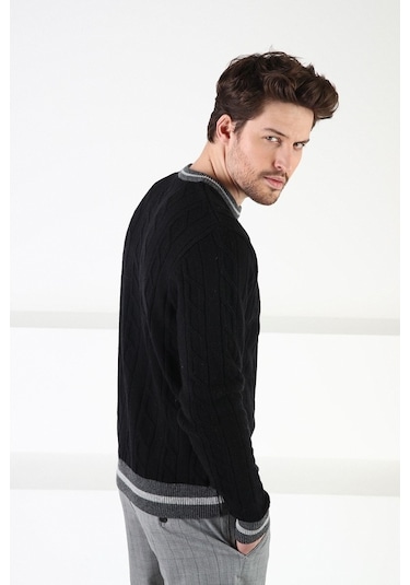 Ferraro Siyah/Füme Bisiklet Yaka %100 Kuzu Yünü Erkek Kazak Siyah Füme Füme - Siyah