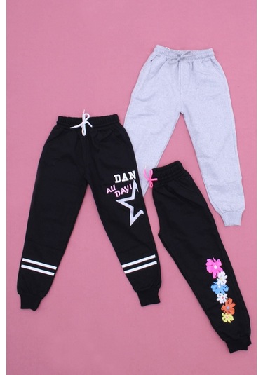 3'lü Karışık Paris Model Kız Çocuk Siyah-gri Eşofman Altı Siyah - Gri