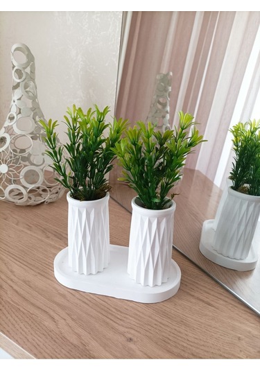 Mini Desenli İkili Beton Saksı Ve Oval Tabak - Yapay Çiçek Hediyeli - Yeşil