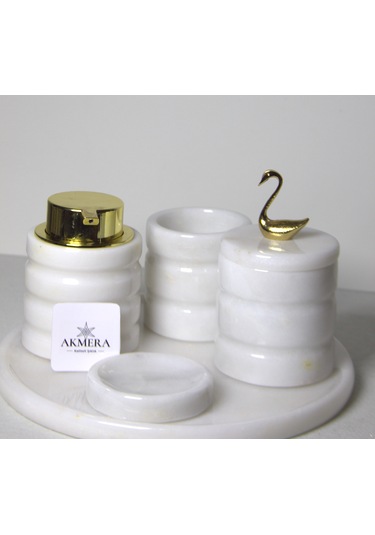5 Parça Lüks Gold Detaylı %100 Mermer Banyo Seti Beyaz