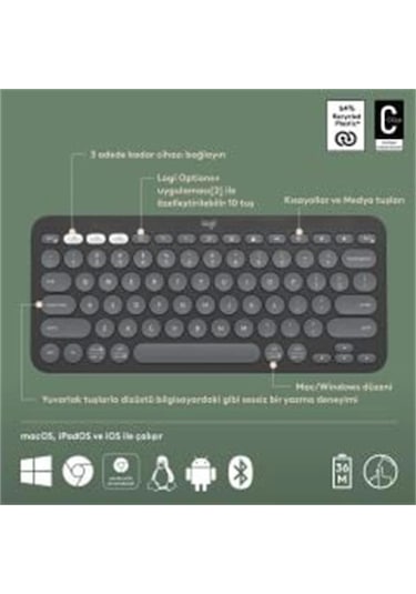 Logıtech K380s Pebble Keys 2 Çoklu Cihaz Özellikli Bluetooth Türkçe Q Klavye Gri 920-011859