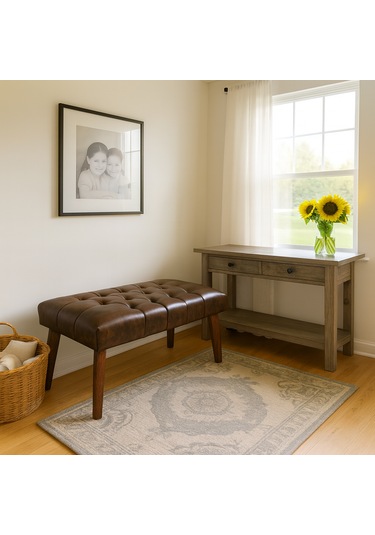 Bench - Deri Kumaş - 45x90 - Ahşap Ayaklı Modern Bank - Acı Kahve