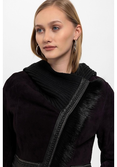 Mürdüm Seline Triko Kapüonlu Hakiki Deri Kürk Kaban-mürdüm Mürdüm