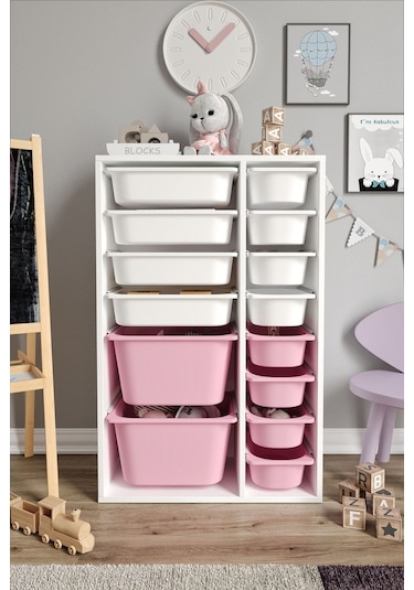 %100 Mdf - Large Duo 14 Sepetli Oyuncak Dolabı Pembe