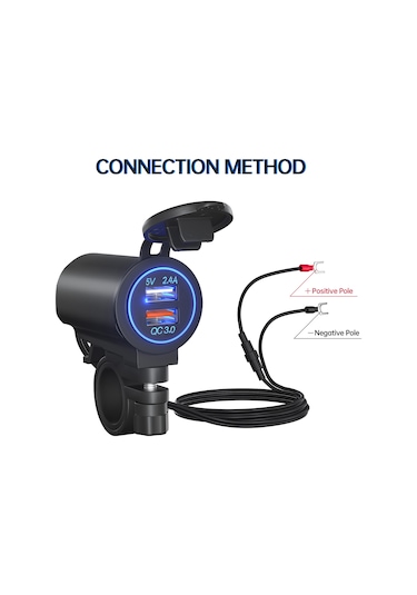 Yunboo Siyah Ip65 Su Geçirmez Dc12-24v Anahtarlı Şarj Soketi - Qc3.0 Hızlı Ve 5v/2.4a Usb Çıkışlı, Mavi Işık Ve Montaj Braketi