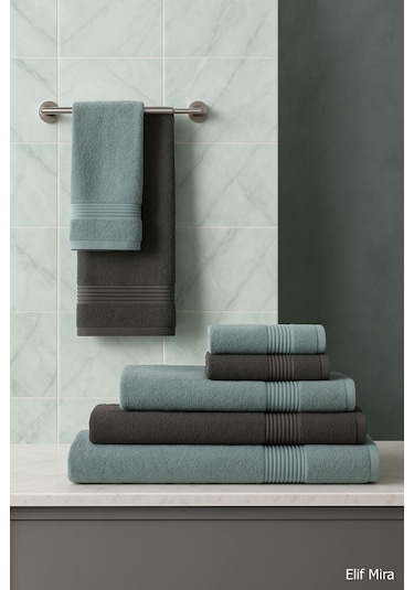 6 Parça Banyo Havlusu Seti Pamuklu 70x140 Cm Serenio Antrasit-mint