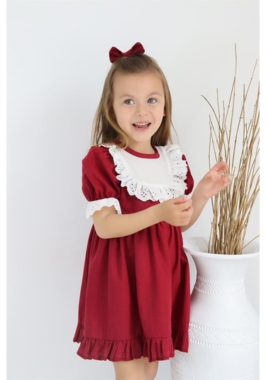 Kız Çocuk Bordo Ruby Fırfırlı Dantel Detaylı Kısa Kollu Elbise Bandana Takım Elb-0070.6 Bordo
