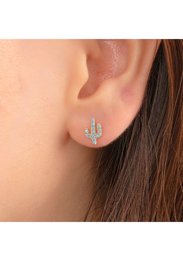 Altın Küpe - 14 Ayar Altın Minimal Kaktüs Modelli Firuze Turkuaz Taşlı Küpe Sarı