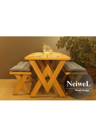 Neiwel Garden Venus Doğal Ahşap Banklı Bahçe Masa Takımı-70-100 Takım Açık Ceviz
