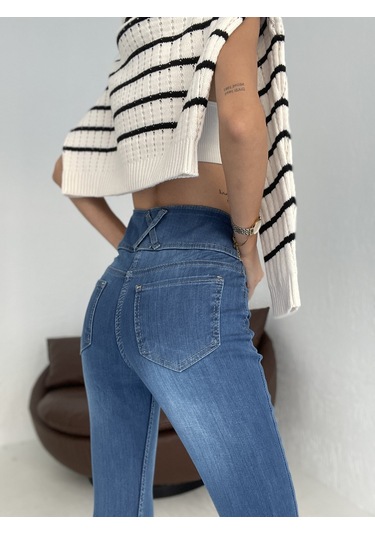 Simala Yüksek Bel Likralı Jean Pantolon 90 Cm Mavi