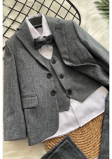 Ceketli Yelekli Papyonlu Erkek Çocuk Takım Elbise Gri
