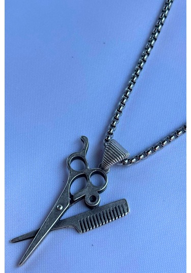 Tarak Makas El İşçiliği Paslanmaz Çelik Zincir Erkek Kolye Gümüş