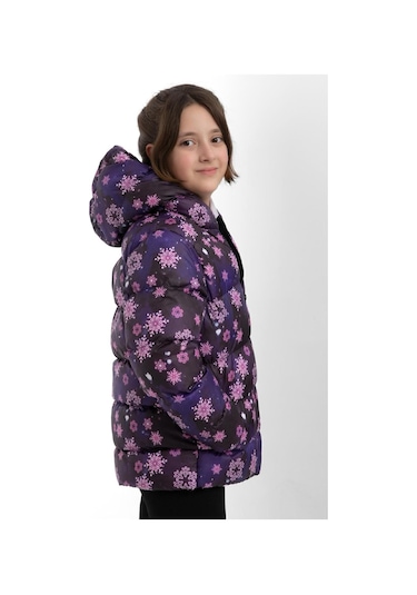 Kız Çocuk Mor Kar Tanesi Desen İçi Polar Su Ve Rüzgar Geçirmez Kapüşonlu Cepli Şişme Kışlık Mont Mor