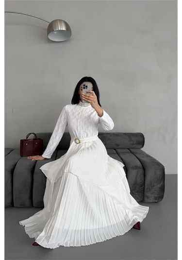 Dipmoda Kadın Krep Kumaş Dantel Detaylı Kemerli Uzun Elbise Dpms2525 Beyaz