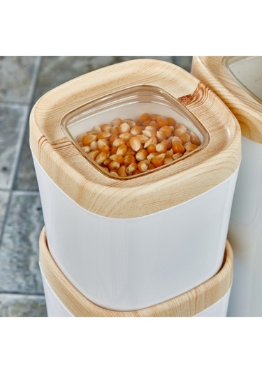 Ceronni Bonny Erzak Saklama Kabı 3lü Set Ahşap Kaplama Kapak Renkli Hazne 1,8lt - 1lt - 600ml Açık Ahşap Ahşap