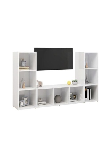 Nehir Kitaplıklı Televizyon Sehpası Ünitesi Kitaplık Beyaz 150 Cm 9 Raflı Beyaz