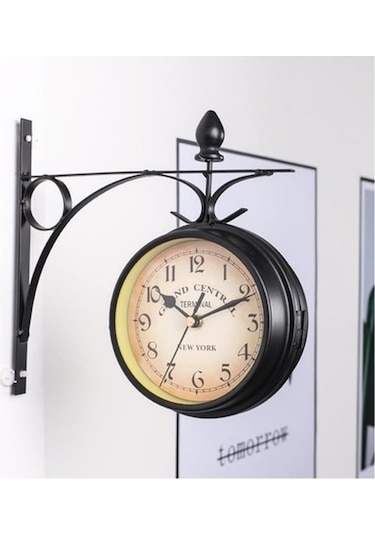 Trendooze Taraflı Siyah Siyah Saati Retro Metal Mekan Duvar Dış Dekorasyon Çift Bar Bahçe Akülü - İm Siyah