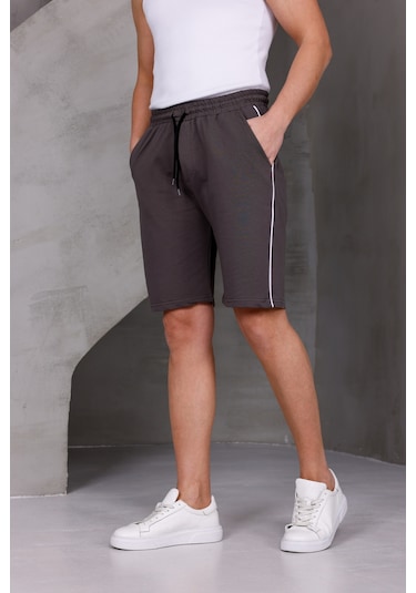 Dark Moda Erkek Şeritli Oversize İki İplik Kompakt Şort Kahverengi