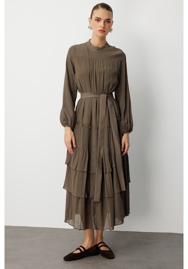 Mizalle Kat Pileli Maksi Haki Elbise Haki