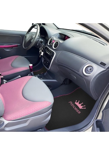 Prenses Gibi Arabana Hava Kat Taç Desenli Pembe Nakışlı 5 Li Oto Halı Paspas Seti