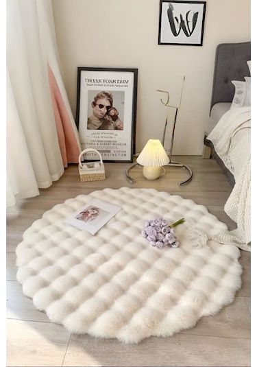 Bubble Yuvarlak Krem Uzun Tüylü Yumuşak Peluş Kaymaz Yıkanabilir Salon Oturma Odası Balkon Halı