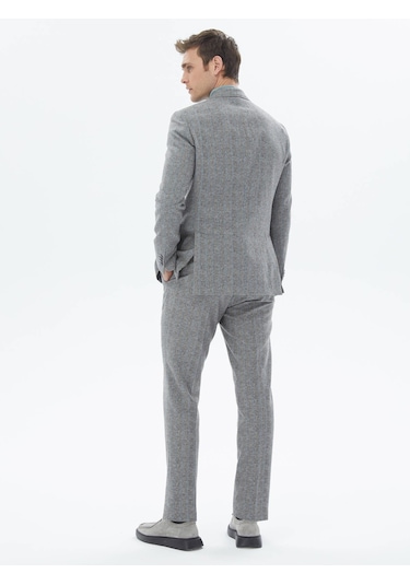 Gri Çizgili Modern Fit Yün Karışımlı Takım Elbise Gri