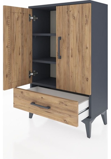 Arges Komodin 2 Raflı Tek Çekmeceli 2 Kapaklı 60x30x96 Antrasit-çam Antrasit