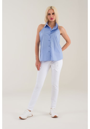 Bold & Young Kadın Mavi Kolsuz Omuz Açık Likralı Poplin Gömlek 9208 Mavi