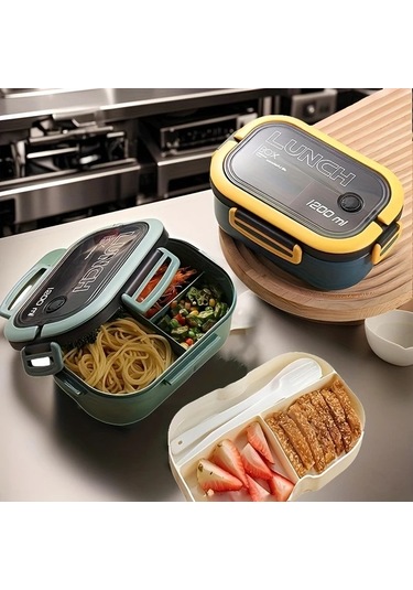 Topnotch Beyaz 2 Katlı Mikrodalgada Kullanılabilir 40.58oz Yemek Kutusu Çatal Kaşık Setli Beyaz