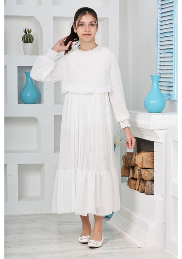 Kız Çocuk Uzun Boydan Pliseli Pamuklu Şifon Uzun Elbise Beyaz