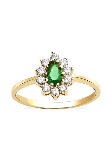 14 Ayar Mikron Altın Kaplama Zümrüt Yeşili Taşlı Damla Halo Yüzük Vintage Stil - Rs00117 Altın