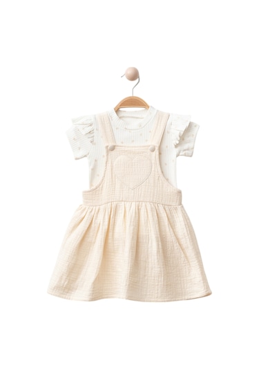 Kalp Nakışlı Tshirt Muslin Elbise Bej