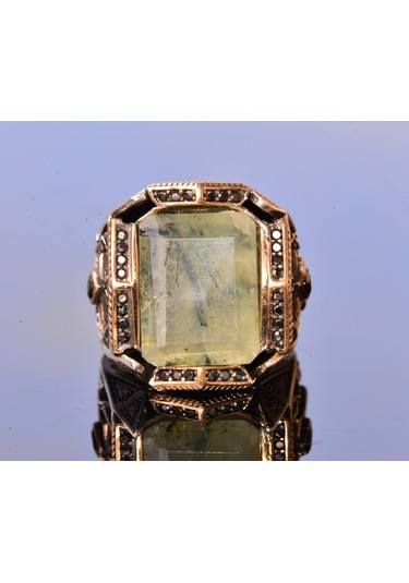 Gerçek Prehnit Yeşim Taşı Yüzük - Ayar Gümüş Erkek Bant Yüzüğü Gümüş