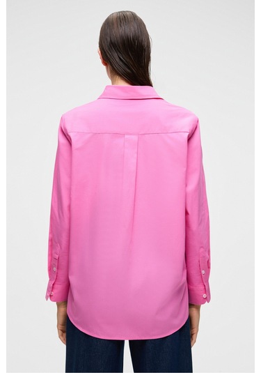 DELFINO Kadın Oversize %100 Organik Pamuk Uzun Kollu İnce Uzun Pembe Gömlek