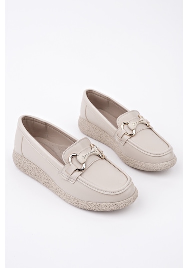 Muggo Polara Kalın Taban Toka Detaylı Kadın Günlük Loafer Ayakkabı Ten Cilt