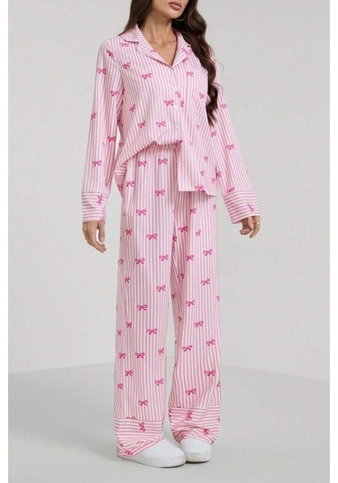 Bella Notte Pembe Fiyonk Baskılı Çizgili Pijama Takımı