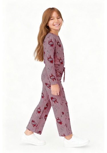 Kız Çocuk Pijama Altı Beli Lastikli Tavşan Baskılı Gülkurusu