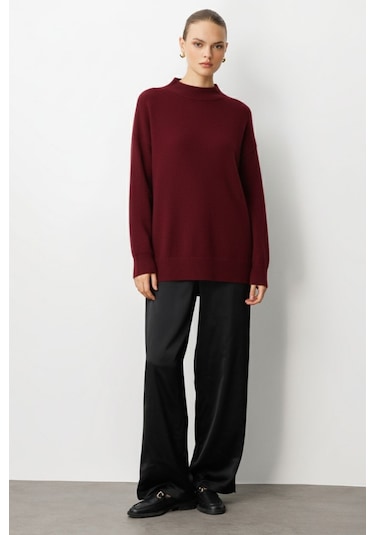 Mizalle Basic Yarım Balıkçı Bordo Triko Kazak Bordo