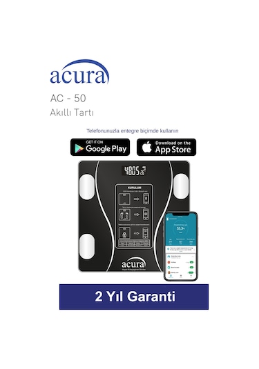 Acura Ac-50 Ce Onaylı Yağ, Su, Kas Ve Kilo Ölçer Akıllı Tartı