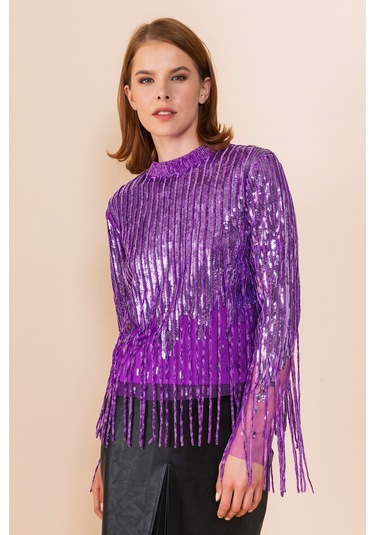 Sequin Detaylı Şık Bluz Zarif Taş Ve Püskül Detaylarıyla Modern Tasarım Mor